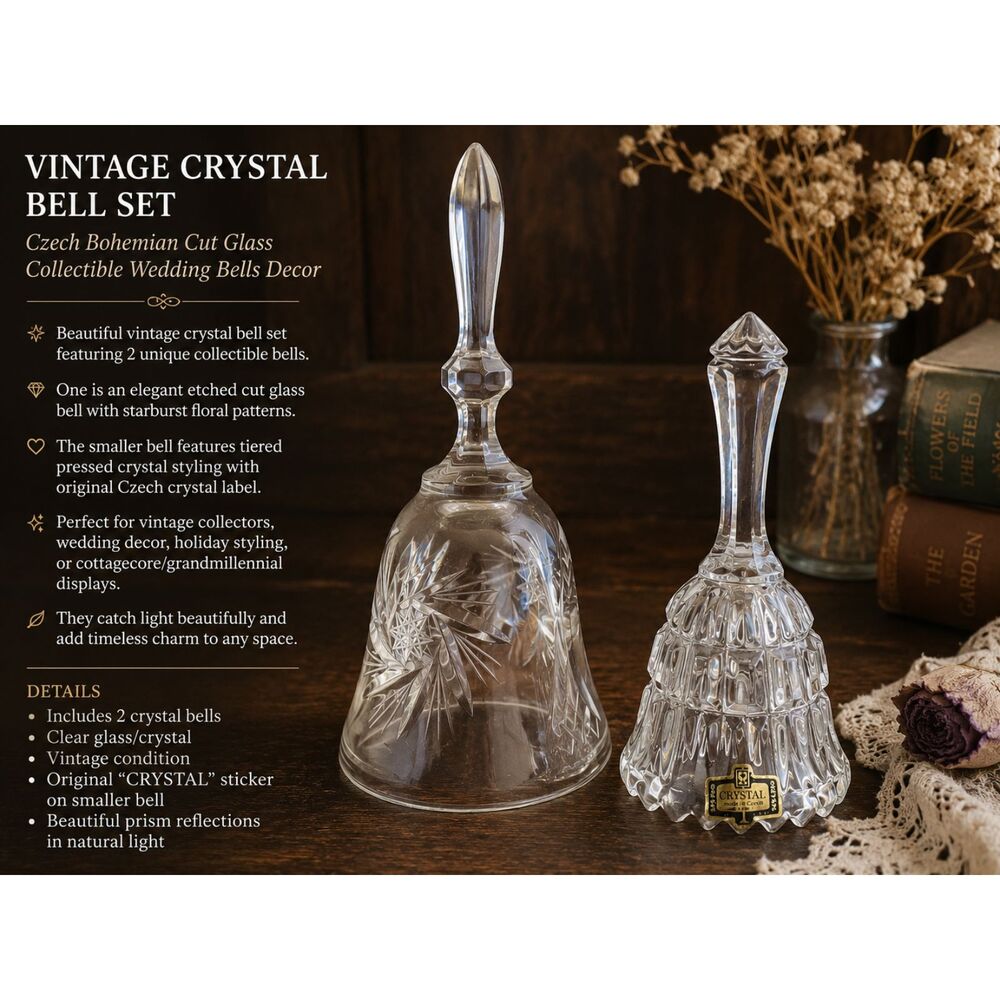 Vintage Crystal Glass Bell Set Czech Bohemian Cut Glass Wedding Bells Decor